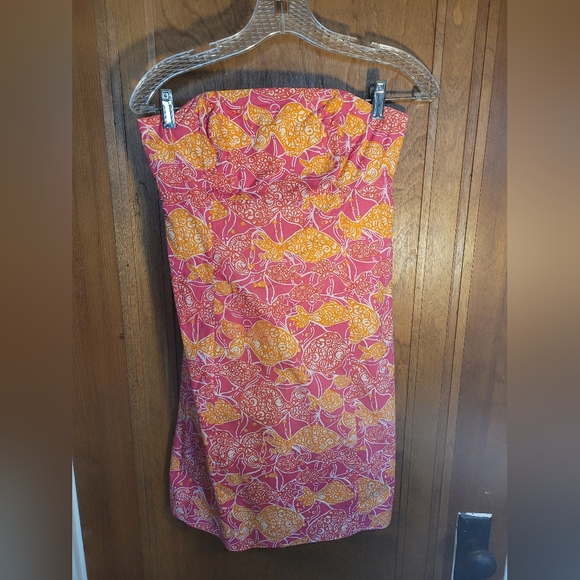Lilly PULITZER Pink Orange Fish Beverly Hillls Bubbly Strapless Dress, SZ 0 - Picture 2 of 7